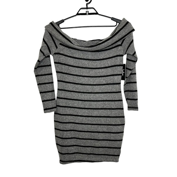 Lulus Womens Nella Rust Striped Off the Shoulder Sweater Dress Sz XL Gray Black - Picture 3 of 9